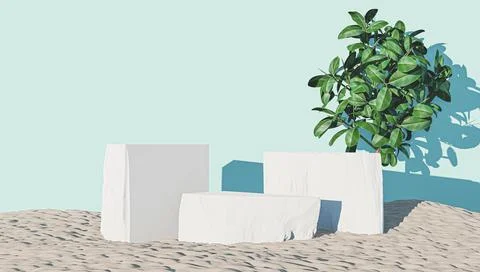 3d rendering of product display on stone and blue background with shadows of  Stock Photos