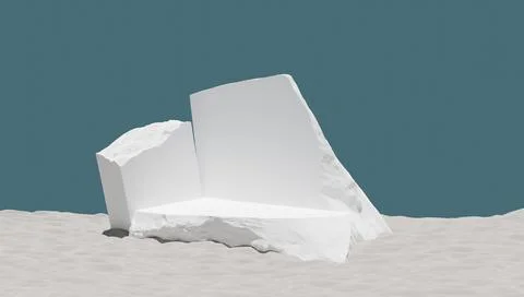 3d rendering of product display on stone and blue background. Stock Photos