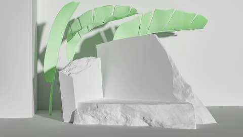 3d rendering of product display on stone and blue background with shadows of  Stock Photos