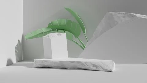 3d rendering of product display on stone and blue background with shadows of  Stock Photos