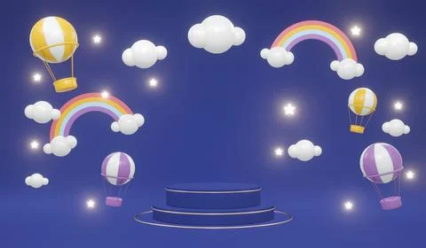 3D Rendering product stand podium display with rainbow clouds hot air ballo.. Stock Illustration