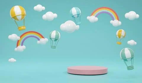 3D Rendering product stand podium display with rainbow clouds hot air ballo.. Stock Illustration