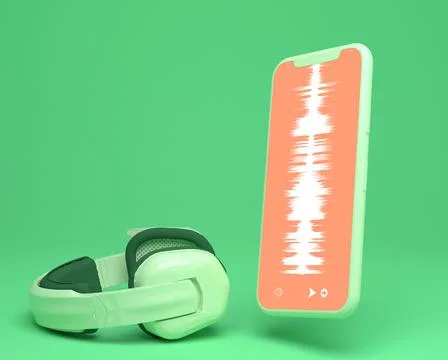 A 3D rendering of professional studio headphones and a smartphone with audio  Illustrazione stock