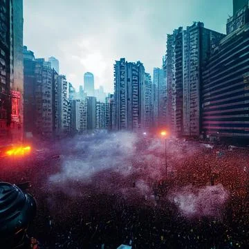 3d rendering of a protesting crowd in a destroyed city in front of devastated bu Ilustración de archivo