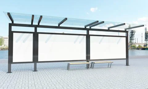 3D rendering of a public bus stop with glass walls with space for text Stock Illustration