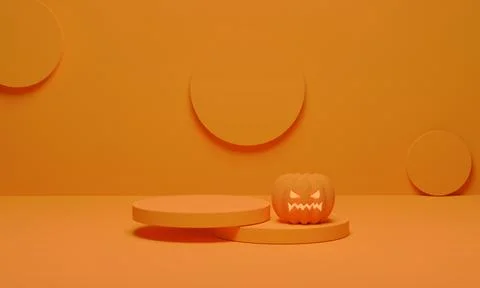 3D rendering. Pumpkin and podium minimal scene for Halloween background. Abst Stock Illustration