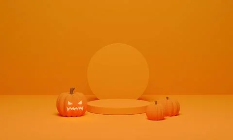 3D rendering. Pumpkin and podium minimal scene for Halloween background. Abst Stock Photos