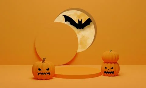 3D rendering. Pumpkin with flying bat and podium minimal scene for Halloween  Stock Illustration