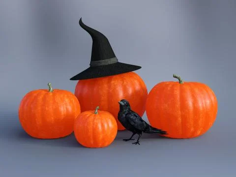 3D rendering of pumpkins with witch hat and a raven. Stock Illustration