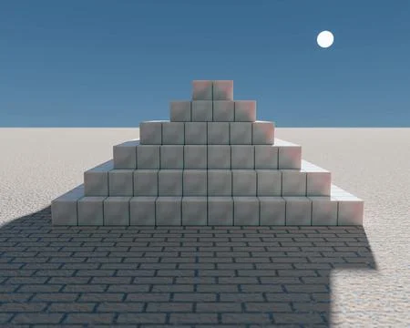 3D rendering of a pyramid-shaped stack of blocks illuminated by the light of a f Stock Illustration