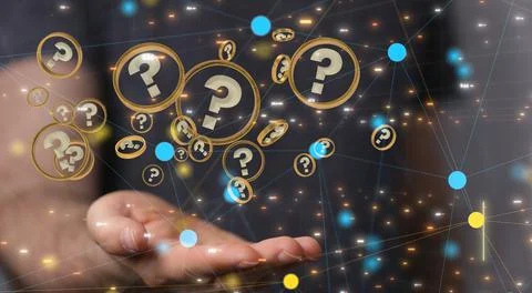 3D rendering of question mark icons floating over a hand-solving problem concept Stock Photos