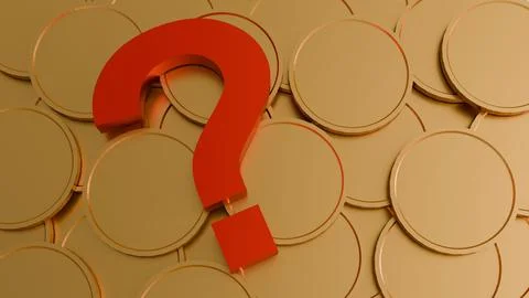 A 3D rendering of a question mark over gold coins. Stock Illustration