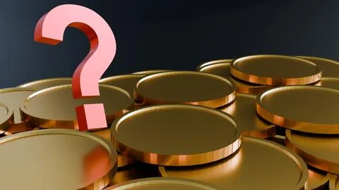 A 3D rendering of a question mark over gold coins. Stock Illustration