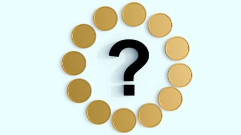A 3D rendering of a question mark over gold coins. Stock Illustration