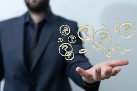 3D rendering of question marks on a businessman's hand - a problem solver Stock Photos
