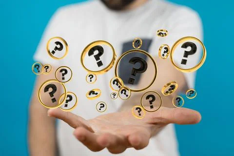3D rendering of question marks in a male hand Stock Photos