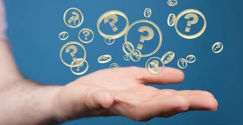 3D rendering of question marks in a male hand Stock Photos