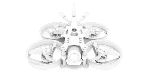 3D rendering of a race drone cinematic footage tool computer model on white Ilustração Stock
