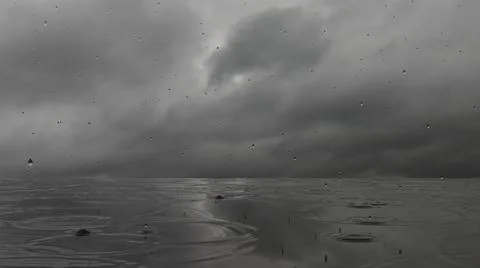 3D Rendering. Rain on the lake, gray storm clouds. Rain intensifies on a sea  Stock Illustration
