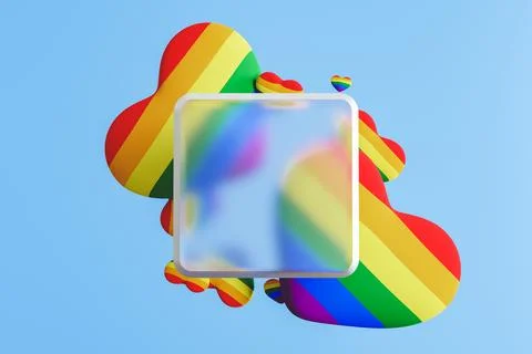 3D rendering of rainbow hearts behind matte square Stock Illustration