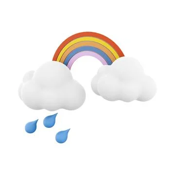 3d rendering rainbow with rain and clouds icon. 3d render rainy and cloudly Stock Illustration