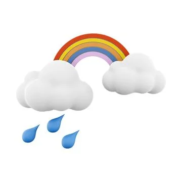 3d rendering rainbow with rain and clouds icon. 3d render rainy and cloudly 스톡 일러스트
