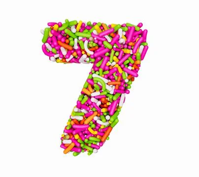 3D rendering of rainbow sprinkles in a number 7 shape isolated on white backgrou Illustrazione stock