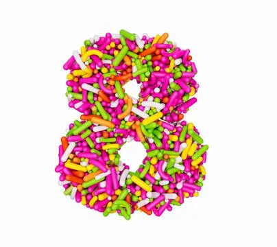 3D rendering of rainbow sprinkles in a number 8 shape isolated on white backgrou Illustrazione stock