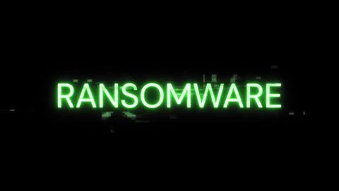 3D rendering ransomware text with screen effects of technological glitches Fotos de archivo