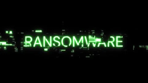 3D rendering ransomware text with screen effects of technological glitches Fotos de archivo