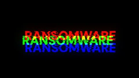 3D rendering ransomware text with screen effects of technological glitches Fotos de archivo