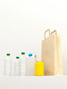 3D rendering, Re-usable plastic bottles and paper bag against white background Stock Illustration