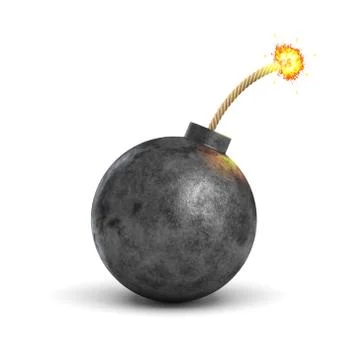 3d rendering of a realistic black iron round bomb with a lit burning fuse on Stock Illustration