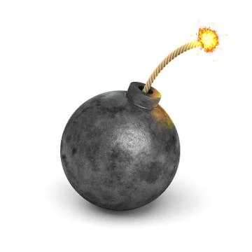 3d rendering of a realistic black iron round bomb with a lit burning fuse on Stock Illustration
