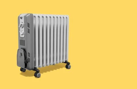 3d rendering. Realistic electric oil heater on yellow background with space.. Stock Illustration