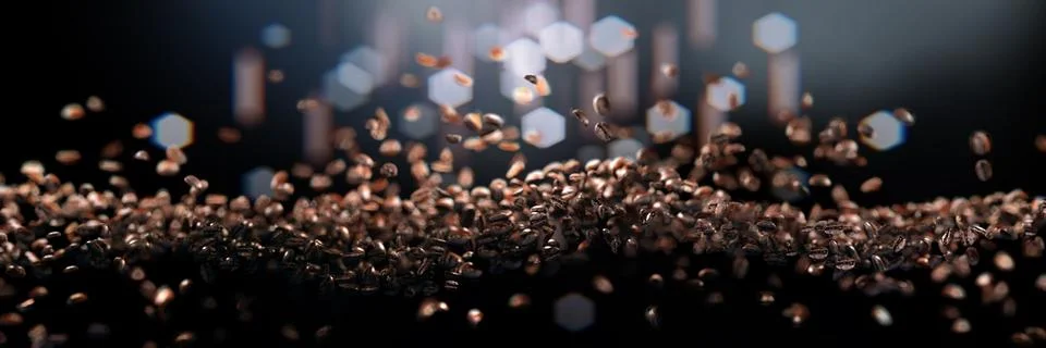 3d rendering of realistic falling coffee beans with depth of field. Stock-Illustration