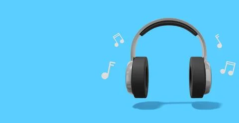 3d rendering. Realistic gray headphones with musical notes on blue backgrou.. Illustrazione stock