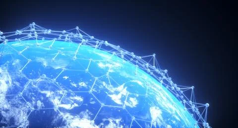 3D Rendering Of Realistic Planet Earth Closeup With Abstract Connection Net P Stock Illustration