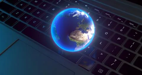 3D Rendering Of Realistic Planet Earth Globe Over Computer Keyboard The Eleme Stock-Illustration