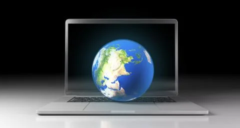 3D Rendering Of Realistic Planet Earth Globe Over Laptop Keyboard The Element Illustrazione stock