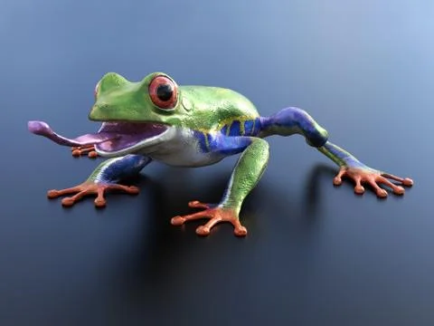 3D rendering of a realistic red-eyed tree frog with its tongue out. Stock Illustration