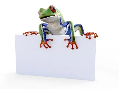 3D rendering of a realistic red-eyed tree frog sitting on blank sign. Illustrazione stock