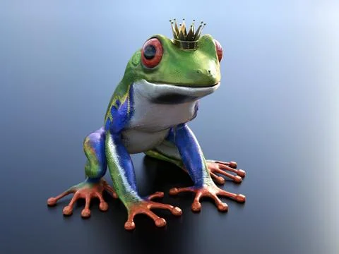 3D rendering of a realistic red-eyed tree frog wearing crown. Stock Illustration