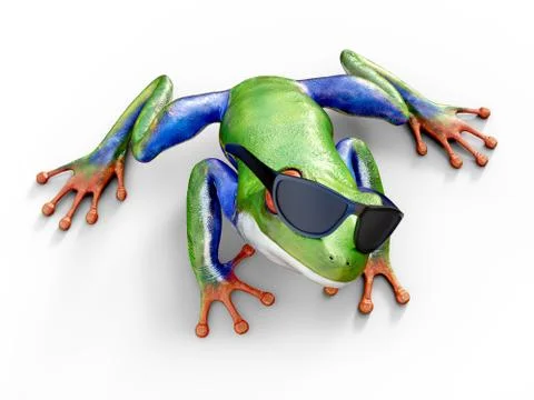 3D rendering of a realistic red-eyed tree frog wearing sunglasses. Stock Illustration