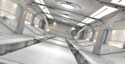 3D rendering of realistic sci-fi spaceship corridor Stock Illustration