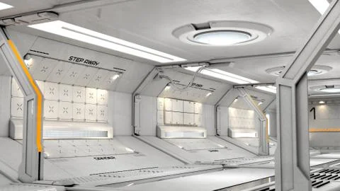 3D rendering of realistic sci-fi spaceship corridor Stock Illustration