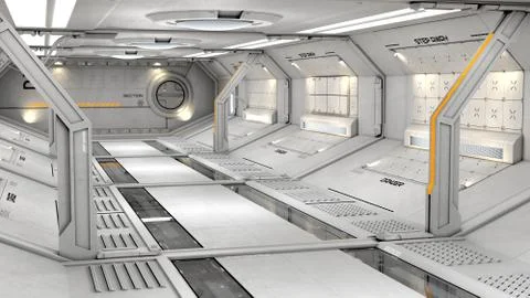3D rendering of realistic sci-fi spaceship corridor Stock Illustration