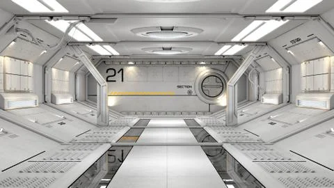 3D rendering of realistic sci-fi spaceship corridor Stock Illustration