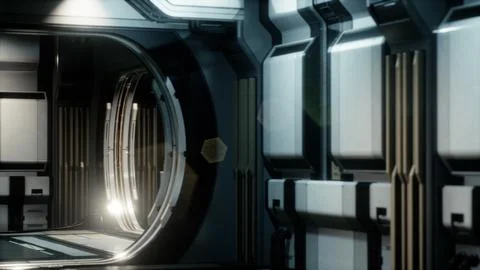 3D rendering of realistic sci-fi spaceship corridor 스톡 일러스트