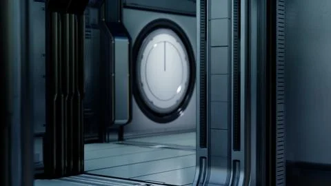 3D rendering of realistic sci-fi spaceship corridor 스톡 일러스트